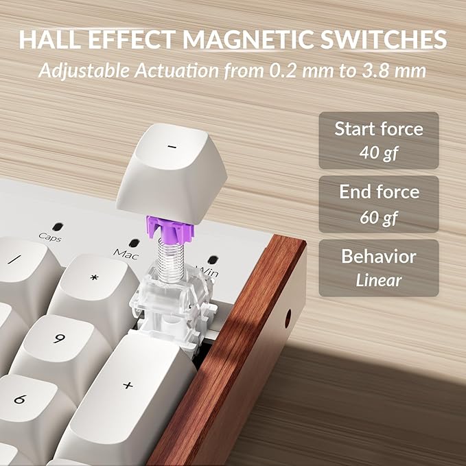 Keychron K10 HE Hall Effect Keyboard Wireless Magnetic Switch Hot Swappable Adjustable Actuation Rapid Trigger Mode with Aluminum + Wood Frame Full-Size Custom RGB for Mac Windows Linux - White