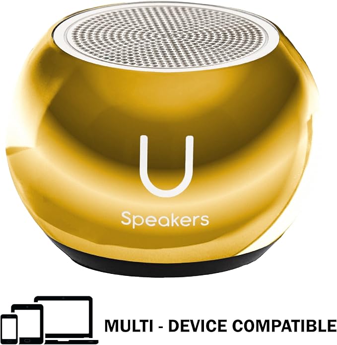 Fashionit U Speakers Mini Bluetooth Computer Speaker 2-Pack Bundle with Matching Speaker Built-in Mic &amp Selfie Remote Control for Workspace Desktop Laptop Mobile Tablet PC - Mirror Gold