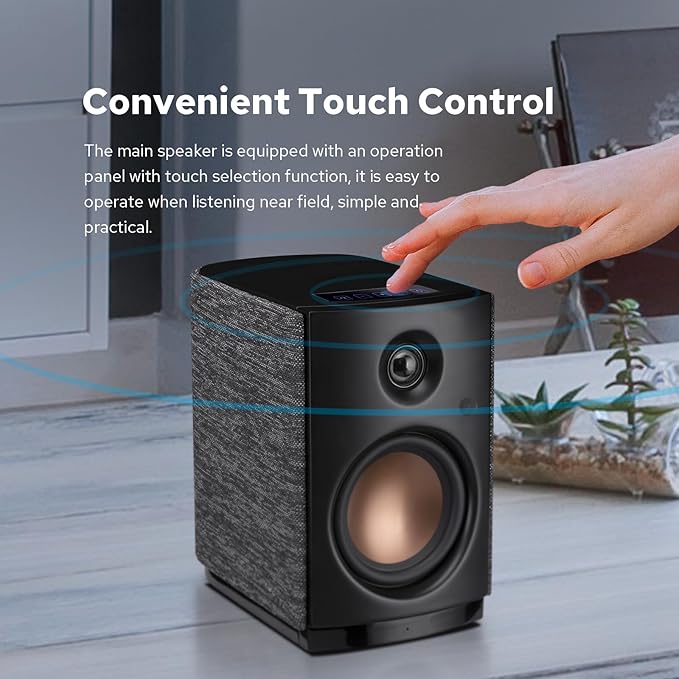HiVi-Swans OS-10 HiFi Stereo Speakers Bluetooth 5.0 Active Computer Bookshelf Speakers - 4'' Dynamic Woofer Powered Desk Speakers 62w RMS with Touch Control for PC/Phone/TV - Black