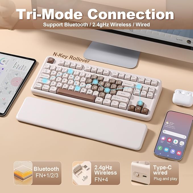 YUNZII B87 Wireless Mechanical KeyboardQMK/VIA ProgrammableTKL Layout 87 KeysBT/2.4G/USB-CHot Swap Gasket Mount RGB Backlit Gaming with Wrist Rest for Win/Mac (Brown Heart Cocoa Cream V2)