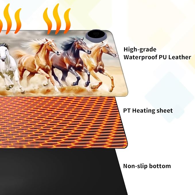 Warm Desk Pad Warm Mouse Pad Gaming Office Desk Matwith 3 Levels Heated &amp 3 Hours Auto Shut - 31.5 x 13 inch PU Leather Laptop Keyboard Mat for Home Office Hand WarmerCute Horse -277