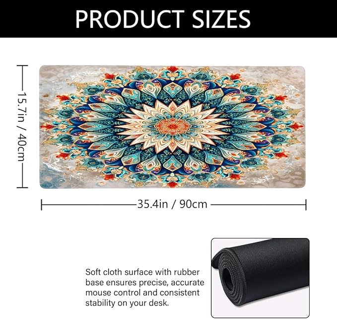 Color Flower Mandala Floral Large Mouse Pad Gaming Mousepad Desk Mat for Desktop Computer Keyboard Waterproof Mouse Mat Desk Pad with Non-Slip Base for Game School Office Home 35.4 x 15.7