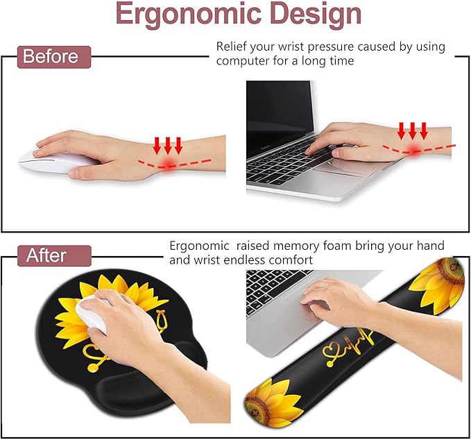 Ergonomic Wrist Protection Mouse Pad Wrist Guard and Keyboard Wrist Rest Non-Slip Rubber Base Mouse Pad Sunflower and ECG Stethoscope Pattern Personalized Fashionable Black Office Accessories