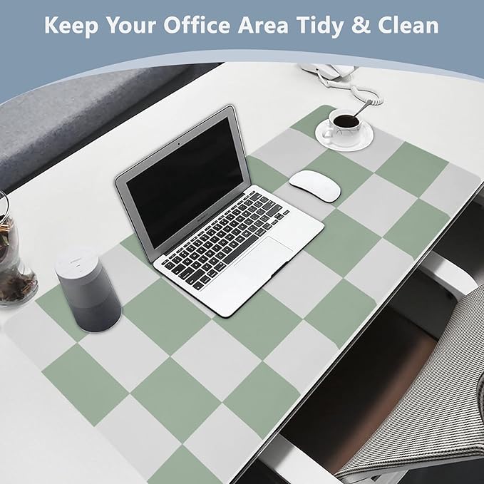 Mouse Pad Desk Mat Leather Desk Pad Large Gaming Desk Cover Protector Mat for Keyboard Computer Laptop Office Waterproof 47.2 x 23.6 Inch Checkered White and Green