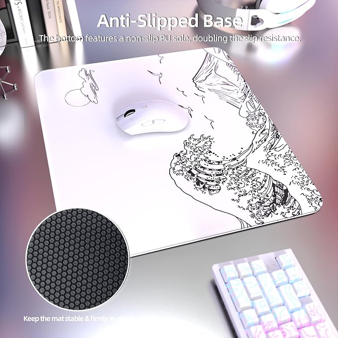 Attack Shark CM05 Contour Glass Gaming MousepadNano-Micro-Etched TextureSmooth Glass SurfaceHigh AccuracyFast-MovingAnti-Scratch PU Leather Super Non-Slip BaseLarge Size(450×400mm)White Waves