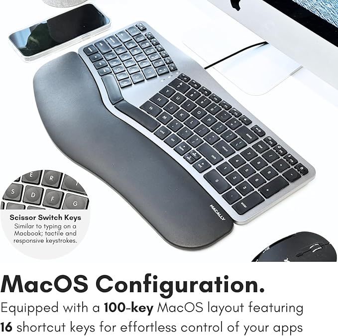 Macally Wired Ergonomic Keyboard for Mac - Compatible Backlit Apple Keyboard with Wrist Rest (Curved for Comfort) for MacBook Pro/Air iMac Mac mini