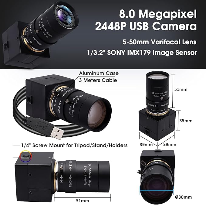 SVPRO USB Webcam with Zoom Lens 5-50mm 10X Optical Zoom Manual FocusHigh Resolution 3264x2448Sony IMX179 SensorUSB HD Computer Camera for Windows MAC Linux Android