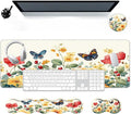 Large Mouse Pad Wrist Support SetDesk Pad+Keyboard Wrist Rest+Mouse Pad Wrist Support+Coaster4in1 XXL Big MousepadErgonomic Design Gaming Mat for Home Office TableFlowers with Butterfly