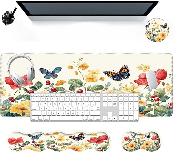 Large Mouse Pad Wrist Support SetDesk Pad+Keyboard Wrist Rest+Mouse Pad Wrist Support+Coaster4in1 XXL Big MousepadErgonomic Design Gaming Mat for Home Office TableFlowers with Butterfly