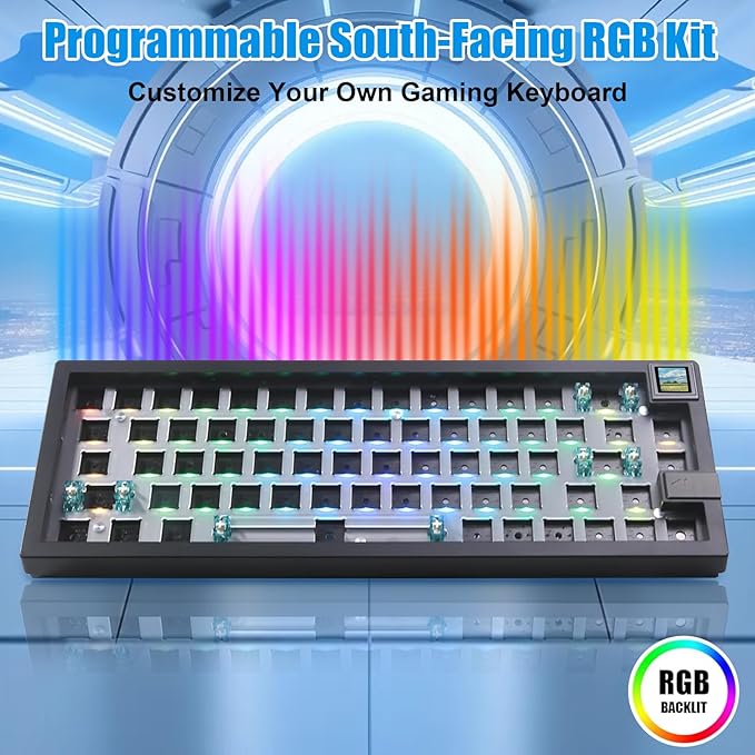 GMK67S Keyboard Barebones Kit65% Gasket Mount Hot Swap PCB Tri-Mode BT5.0/2.4G/Type-C Wireless Mechanical Keyboard with TFT-LCD Screen VIA Programmable Custom RGB Gaming Keybaord DIY Kit (Black)