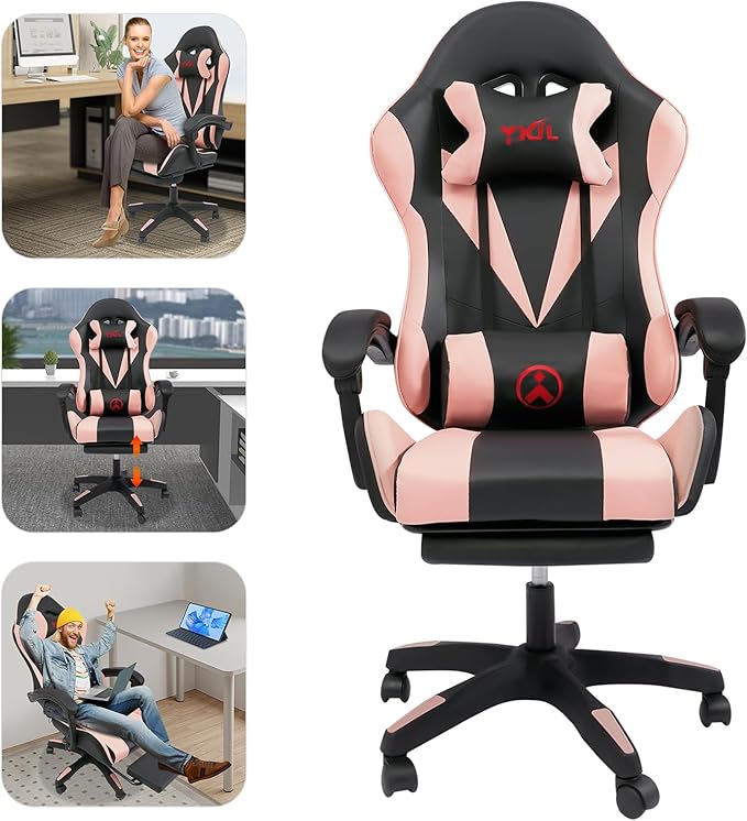 Gaming Chair with Footrest Computer Chair with and Lumbar Support Height Adjustable Game Chair for Office or Gaming (Pink)