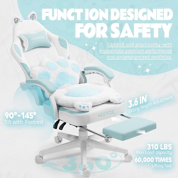 Gaming Chair Cute with Cat Ears Paw Lumbar and CushionErgonomic Computer Chair with FootrestReclining PC Game Chair for Girl Computer Chair 300lbs for Adult Aqua Blue