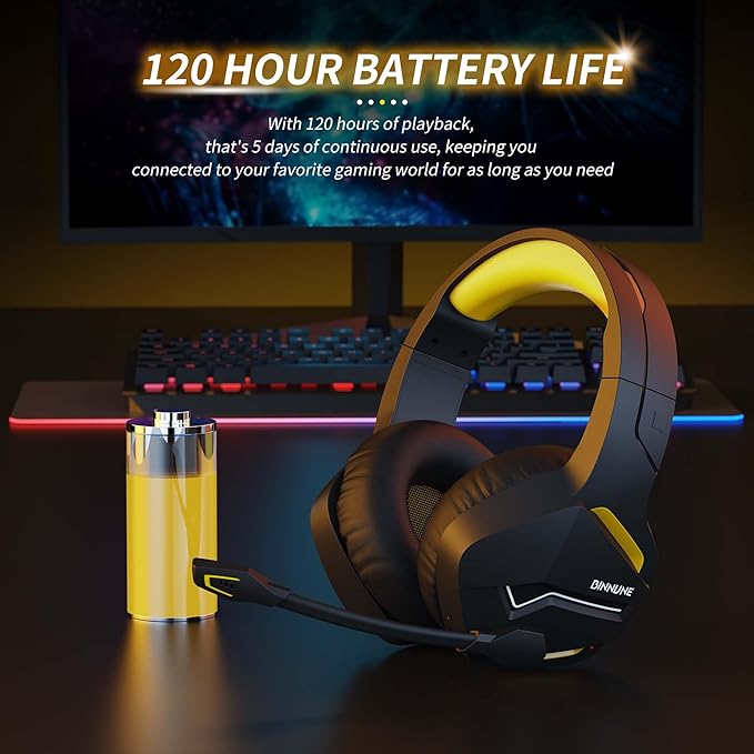 BINNUNE 2.4GHz Wireless Gaming Headset Bluetooth 5.3 Gaming Headphones with Noise Canceling Mic 120H Ultra-Long Battery 50mm Drivers Multi-Platform for PC / PS5 /PS4/ Switch/Mobile Yellow