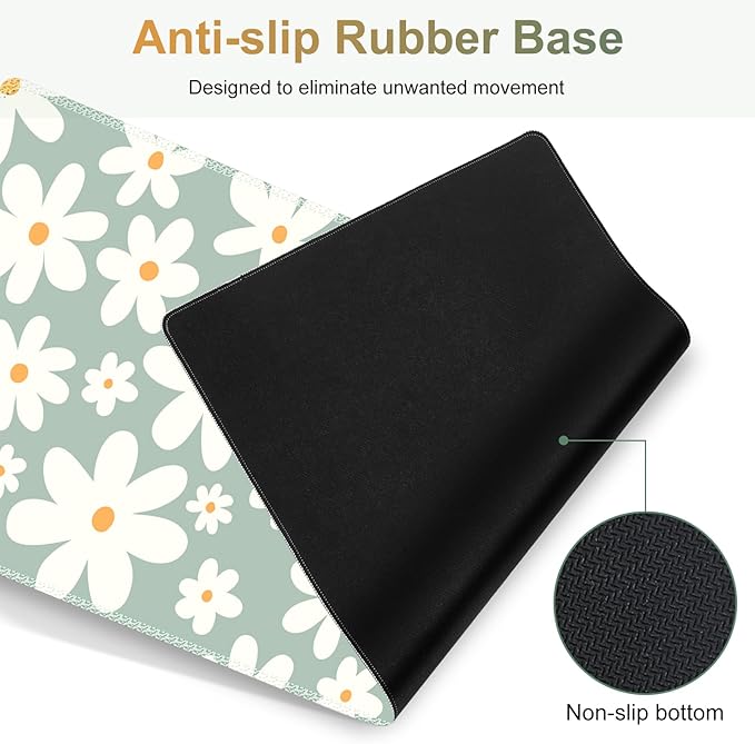 Desk Mat Gaming Mouse Pad Cute Desk Matt Keyboard Wrist Rest for Desktop Anti-Slip Big Mousepad Stitched Edges XXL Large Mouse Pad with Wrist Support for Home Office Computer I Morandi Daisy