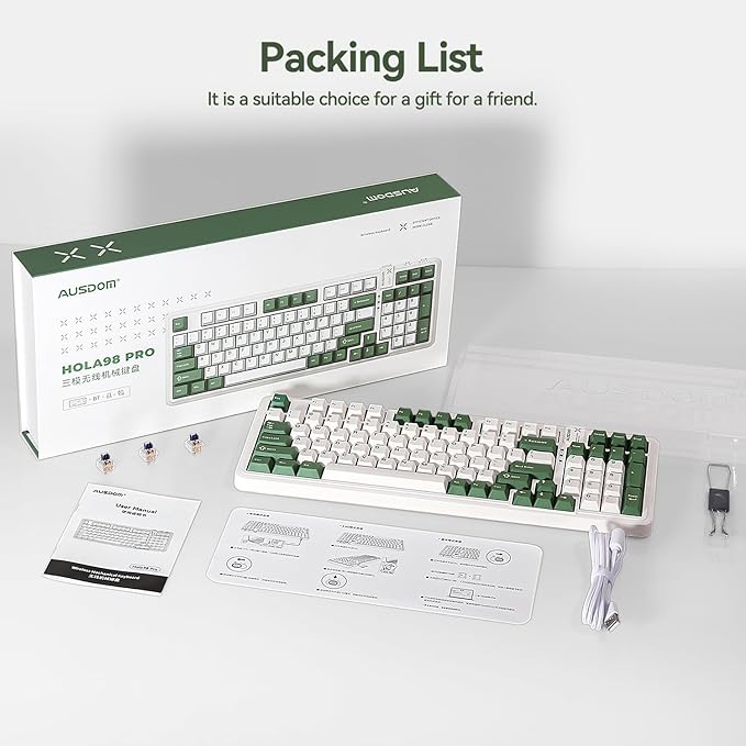 AUSDOM 98Pro Wireless Mechanical Keyboard Tri-Mode BT/2.4GHz/USB-C Hot Swappable Custom Gaming Keyboard with Backlit Gasket Structure Linear Switches for Windows/Mac/PC (Green&ampWhite 97keys)