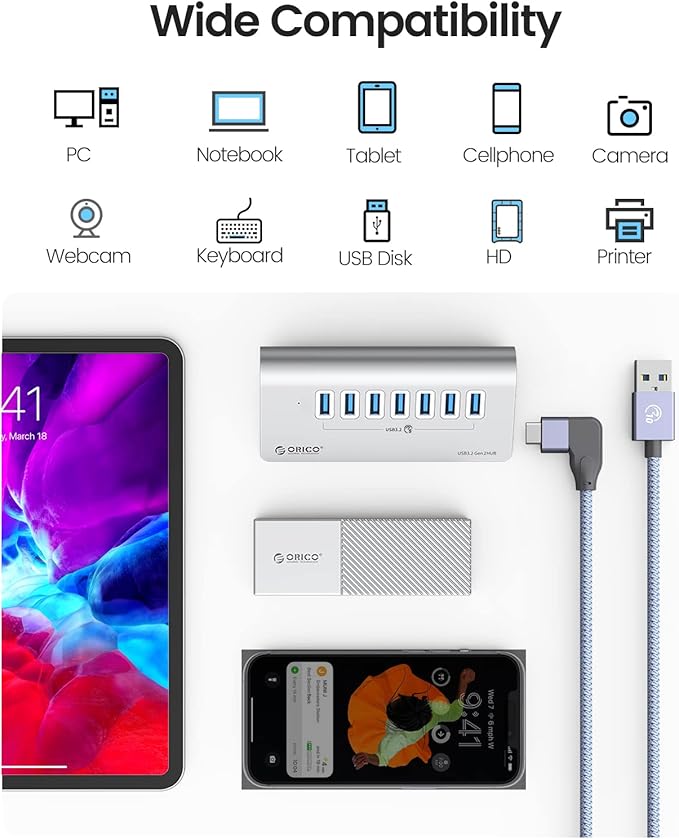 ORICO USB 3.2 Hub 10Gbps with 7 USB A Ports USB 3.2 Gen 2 Hub with 3.28Ft USB-A to USB-C Cable Desk USB Splitter for MacBook Mac Pro/Mini iMac Surface Pro Laptop/PC