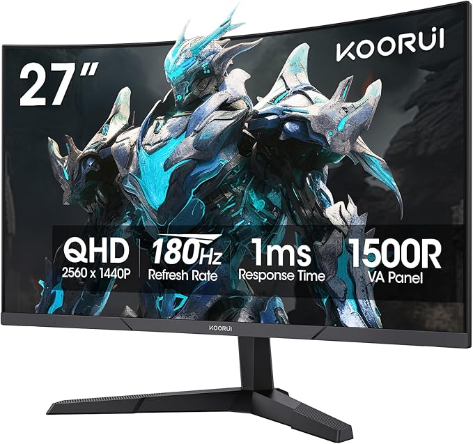 KOORUI 27 Inch Curved Gaming Monitor QHD (2560 x 1440) 180Hz 1ms 1500R Display Adaptive Sync 90% DCI-P3 HDMI 2.0 &amp DisplayPort 1.4 VESA Tilt Eye Care 27E6QCA