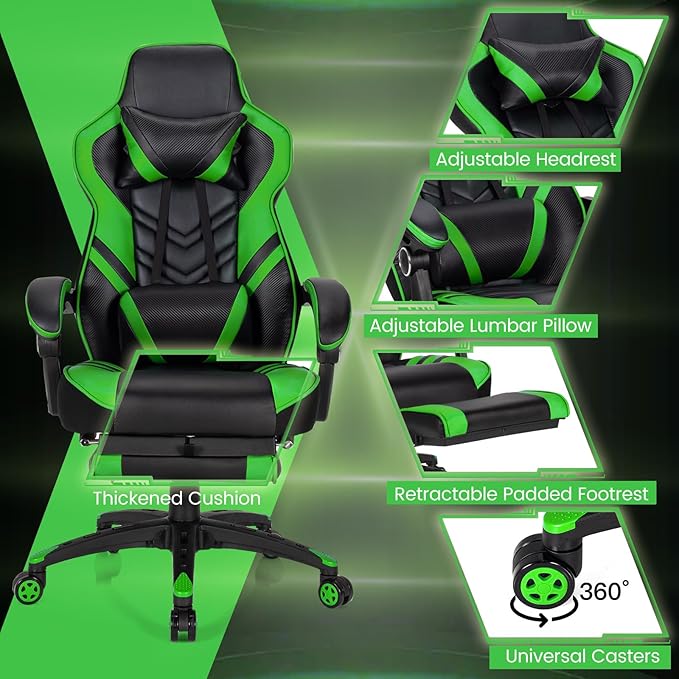 Goplus Gaming Chair Computer Chair with Footrest and Lumbar Support Height Adjustable Executive Swivel Rolling Task Chair with 90°-155° Tilt Function (Green)