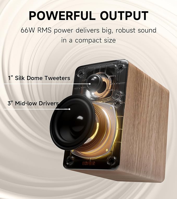 Edifier M60 Multimedia Speaker Bluetooth 5.3 66W RMS Hi-Res Audio &amp Hi-Res Wireless Audio LDAC3 Mid Bass &amp 1 Tweeter USB-C &amp Aux Inputs Compact Desktop Speaker – Classic Oak (Renew