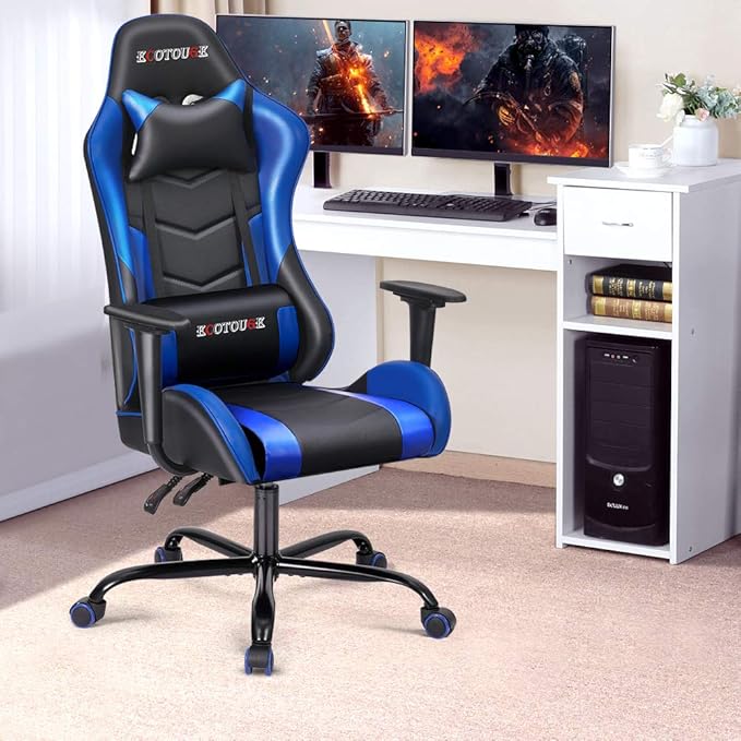 Massage Gaming Chair Video Racing Chair PC High Back Desk Computer Chair PU Leather Recliner w/Headrest and Lumbar Pillow Blue