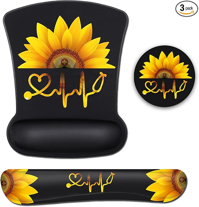 Mouse Pad Wrist Guard and Keyboard Wrist Rest Ergonomic Wrist Protection Non-Slip Rubber Base Mouse Pad Sunflower and ECG Stethoscope Pattern Personalized Fashionable Black Office Accessories