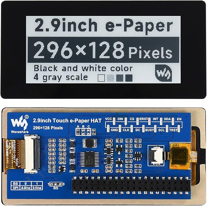 2.9inch Touch e-Paper Display HAT for Raspberry Pi 4B/3B+/3B/2B/Zero/Zero W/WH/ 2W/2WH 296×128 Pixels 5-Points Capacitive Touch E-Ink Black/White SPI Interface Support Partial Refresh