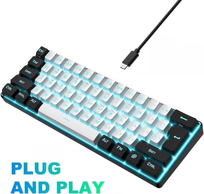 Portable 60% Mechanical Gaming Keyboard 61 Keys RGB Backlit USB Keyboard with Ergonomic Design USB Wired Keyboard for PC Travel (White Black)