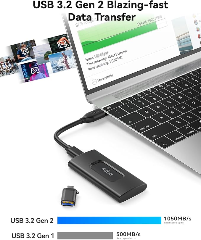 Aiibe 2TB External SSD USB C Portable SSD USB 3.2 Gen 2 Up to 1050MB/s External Hard Drive 2TB External Solid State Drive for iPhone 16/15 Laptop Mac and PS5 (Black)