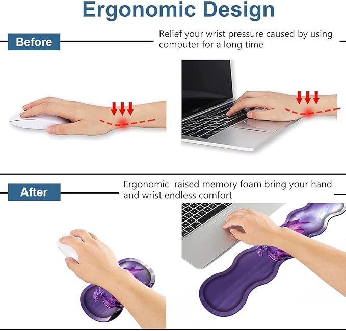 Ergonomic Keyboard Wrist Rest &amp Mouse Pad Wrist Rest Set Large XXL Gaming Desk Mat 31.5x 11.8 with Memory Foam Easy Typing Pain Relief for Office &amp Home Purple Dragon