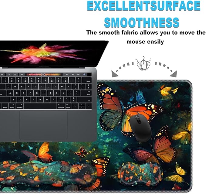 Keyboard Wrist Rest and Mouse Pad Set31.5x11.8 Inches Desk MatWaterproof Non-Slip Ergonomic Wrist Support for Pain ReliefExtended Desk Protector for Office Home GamingButterfly