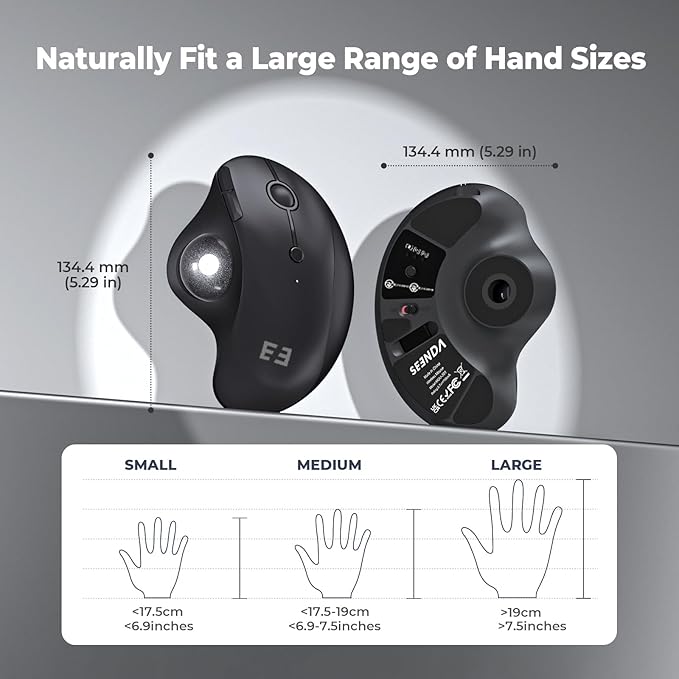 seenda Wireless Trackball Mouse Bluetooth - Ergonomic Rollerball Mouse Rechargeable 3 Device Connection Optical Mice Adjustable DPI Thumb Control Mice Compatible for Mac/Android/Windows-Black