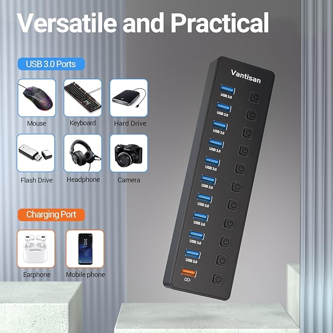 Powered USB Hub 11-Port USB 3.0 Hub Splitter - 10 USB 3.0 Data Transfer Ports + 1 Smart Charging Port USB Hub 3.0 Powered with Individual LED On/Off Switches and 5V/4A Power Adapter