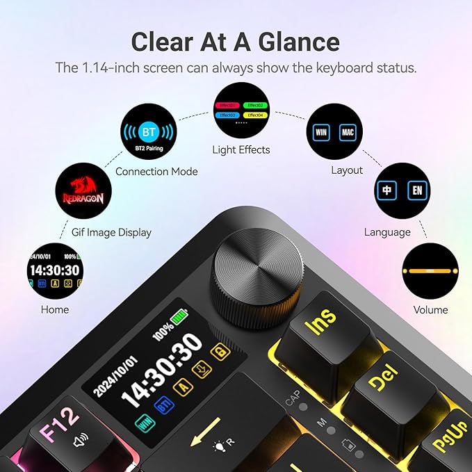 Redragon K708 Wireless Mechanical Keyboard with Screen Volume Knob &amp Pre-Lubed Switches - Tri-Mode (Bluetooth/2.4G/USB-C) RGB Gasket Gaming Keyboard Hot Swappable 4000mAh Battery for PC Mac e