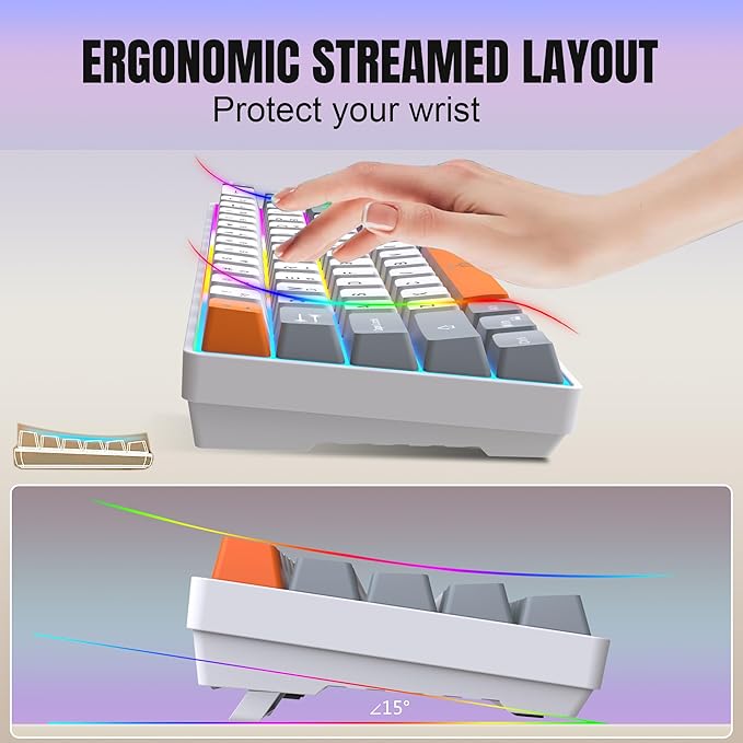 Snpurdiri 60% Wireless Gaming Keyboard and Mouse ComboRainbow Backlit Rechargeable 2000mAh BatteryMini Mechanical Feel Keyboard +Popular RGB Mice for GamingBusiness Office(Gray-White-Orange)
