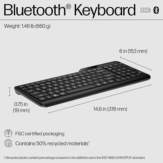 HP 460 Multi-Device Bluetooth Keyboard - Bluetooth with Swift Pair to 3 Multi-Devices Compatible with Windows/Mac/Chromebook Laptop Notebook Black (7N7B8AA)