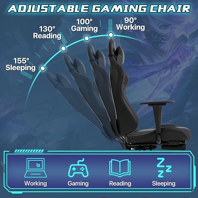 Gaming Chair Ergonomic Office Chairs PU Leather High-Back Computer Chair with Footstool and Lumbar Support360°Swivel Game Chairs with Headrest for Office &amp GamingBlack (Grey)