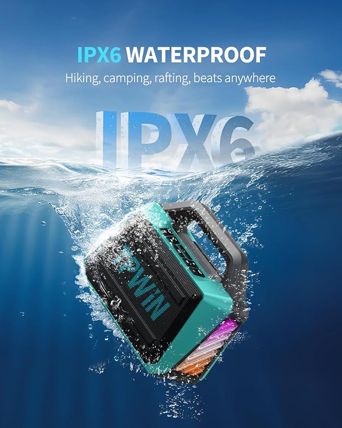 Powerful 80W Outdoor Bluetooth Speaker: IPX6 Waterproof Rugged 20H Playtime Deep Bass Lightshow TWS BT 5.3 Wireless Portable for Travel Hiking Camping Beach Pool - Teal
