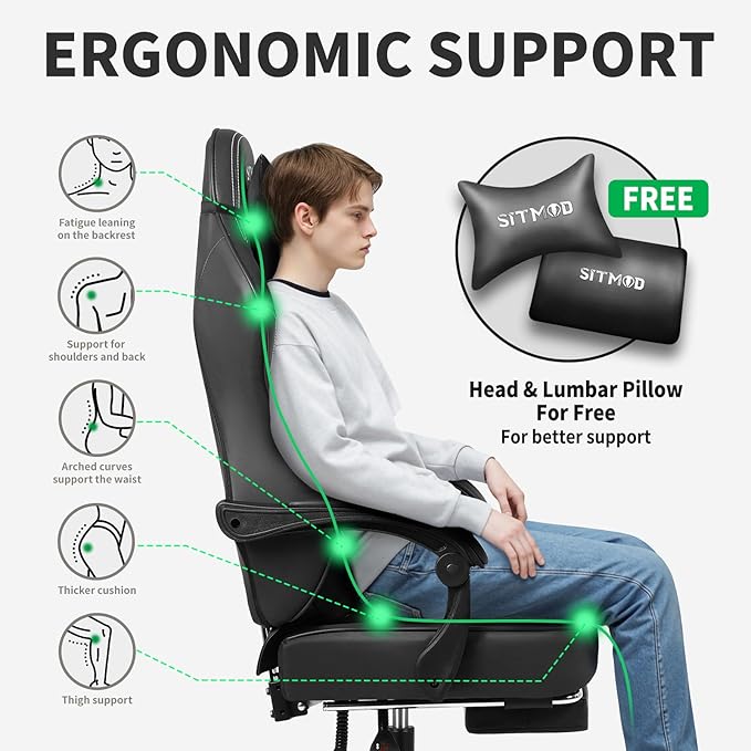 Gaming Chair for Adults Computer Chairs with Footrest and Lumbar Support Ergonomic PU Leather Game Chair with Headrest Height Adjustable PC Gamer ChairsBlack