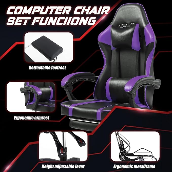 450lbs Big and Tall Gaming Chair with Footrest – Heavy Duty Wide Seat Video Game Chair for Adults Reclining PU Leather High Back Computer Office Desk Chair with Lumbar Support (Model F Black+Purple)