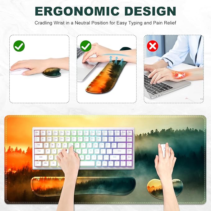 Keyboard Mouse Pad Set Extended Gaming Mouse Pad +Keyboard Wrist Support +Mouse Wrist Rest +Coaster 35.4x15.7 in XXL Large Ergonomic Desk Mat 4in1 Set for Home Office Sunset Misty Forest
