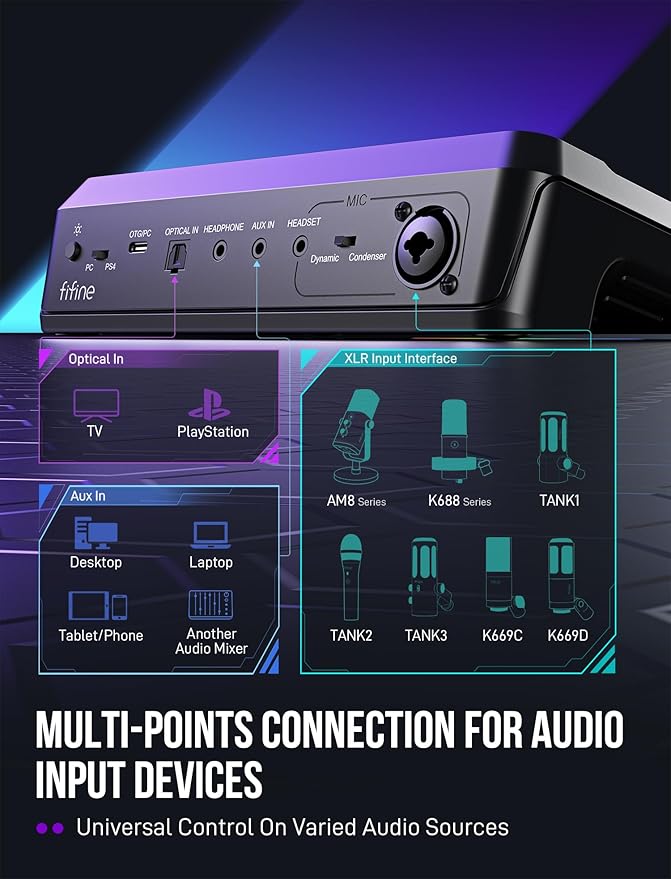 FIFINE XLR Microphone with Gaming Mixer Set USB Dynamic Mic with Streaming Mixer Bundle with Volume Control RGB Lighting 7.1 Surround Sound XLR Interface for Voice Chat Video Creation (AM8+SC8)
