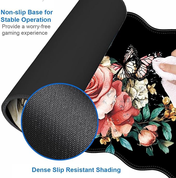 Large Gaming Mouse Pad Keyboard Wrist Rest Pad &amp Wrist Support Mousepad Set Stitched Edge Extended Non-Slip Base Memory Foam Desk Mat for Office HomeFloral Skull
