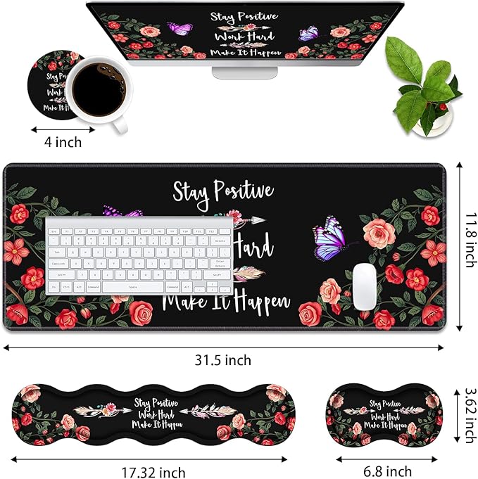 Ergonomic Memory Foam Mouse Pad Wrist Rest SetStay Positive Work Hard and Make It Happen Inspirational Quote Large Desk Pad + Keyboard Wrist Rest + Mouse Wrist Cushion + Coaster for Home Office Study