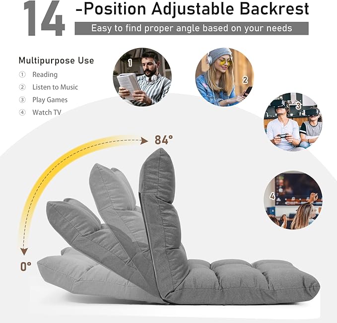 MAT EXPERT 14-Position Floor Chair Floor Gaming Chair w/Resilience Sponge Alloy Steel Frame Padded Bed Couch Recliner Floor Chair with Back Support for Reading Meditating (Gray)
