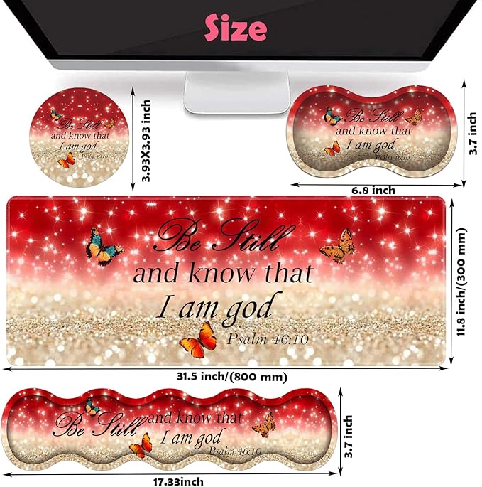 Large XXL Gaming Desk Mat 31.5x 11.8 Ergonomic Keyboard Wrist Rest &amp Mouse Pad Wrist Rest + Coaster Set Non-Slip Base Memory Foam Office and Home Christian Psalm 46:10