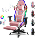 XOOFMASS Big and Tall Gaming Chair with 7-Point Massage Office Chair with Footrest Racing Computer Desk Chair High Back PU Leather Computer Game Chair with Speakers &amp RGB LED LightsPink