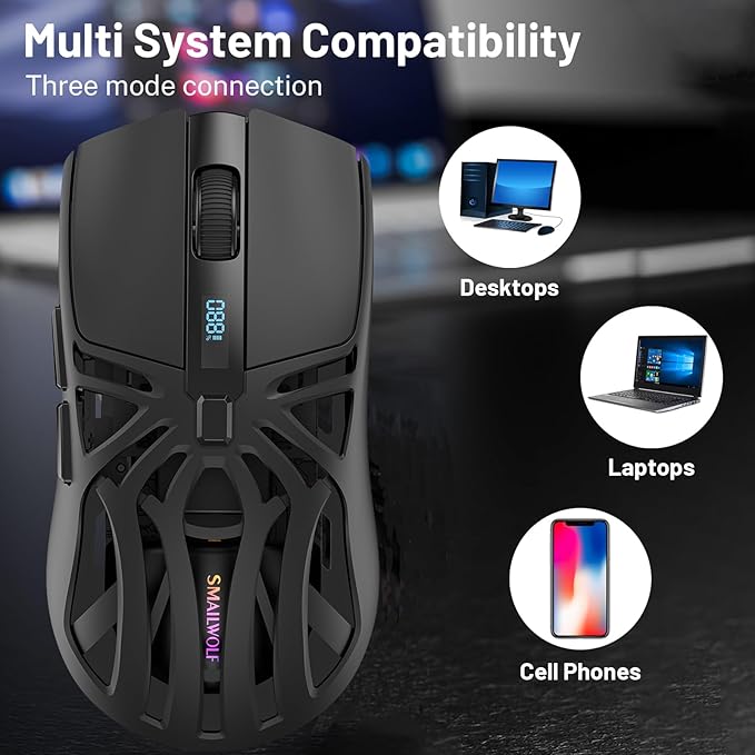 Wireless Gaming Mouse 10000 DPI Tri-Mode 2.4GHz/Bluetooth/Wired Mouse 6 Buttons Digital Display Silent Mice Rechargeable Customizable Macro and RGB Backlight for PC/Mac/Laptop (Black)