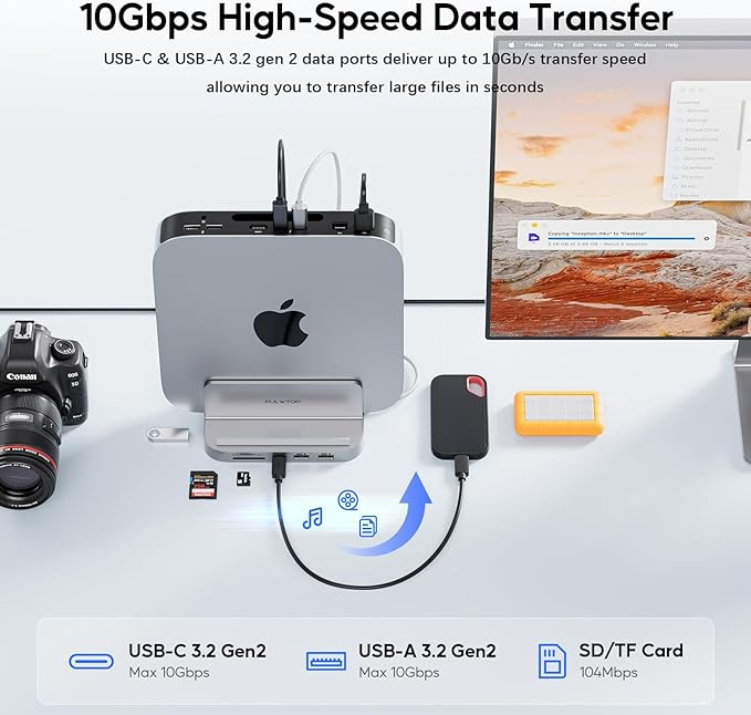 Mac mini Hub M1 M2 with M.2 SSD Enclosure (NOT for M4 2024) 8-in-1 Vertical Mac mini Dock Stand with USB A/C 3.2 10Gbps 2 x USB A 2.0 SD/TF Slots 3.5mm Audio Mic Jack