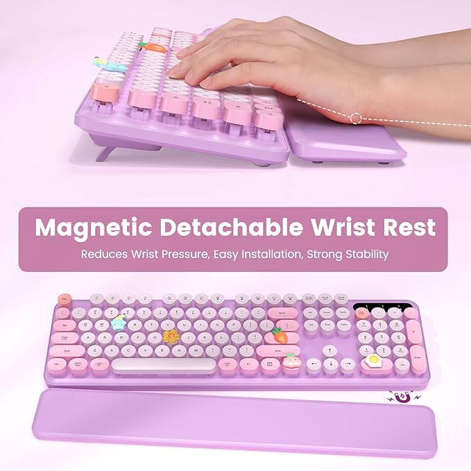 Wireless Keyboard and Mouse Combo-Round Keycaps Full-Size Retro Typewriter Keyboard with Detachable Wrist Rest Sleep Mode &amp Tilt Legs 2.4GHz Cordless Connection for Mac/Windows/PC (Lavender Pur