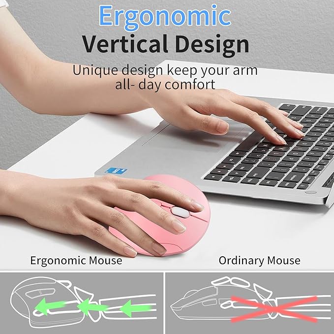 Wireless Silent Ergonomic Vertical Mouse - Dual Mode 2.4G/Bluetooth Rechargeable Type C Pain Relief for Office and Home Use Compatible with Laptop &amp PC (Pink)